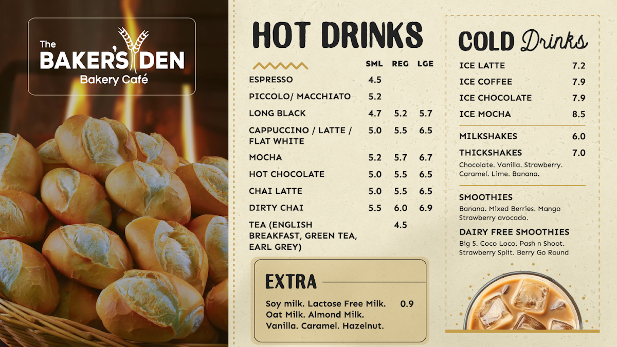 Menu, The Baker's Den Bakery Cafe