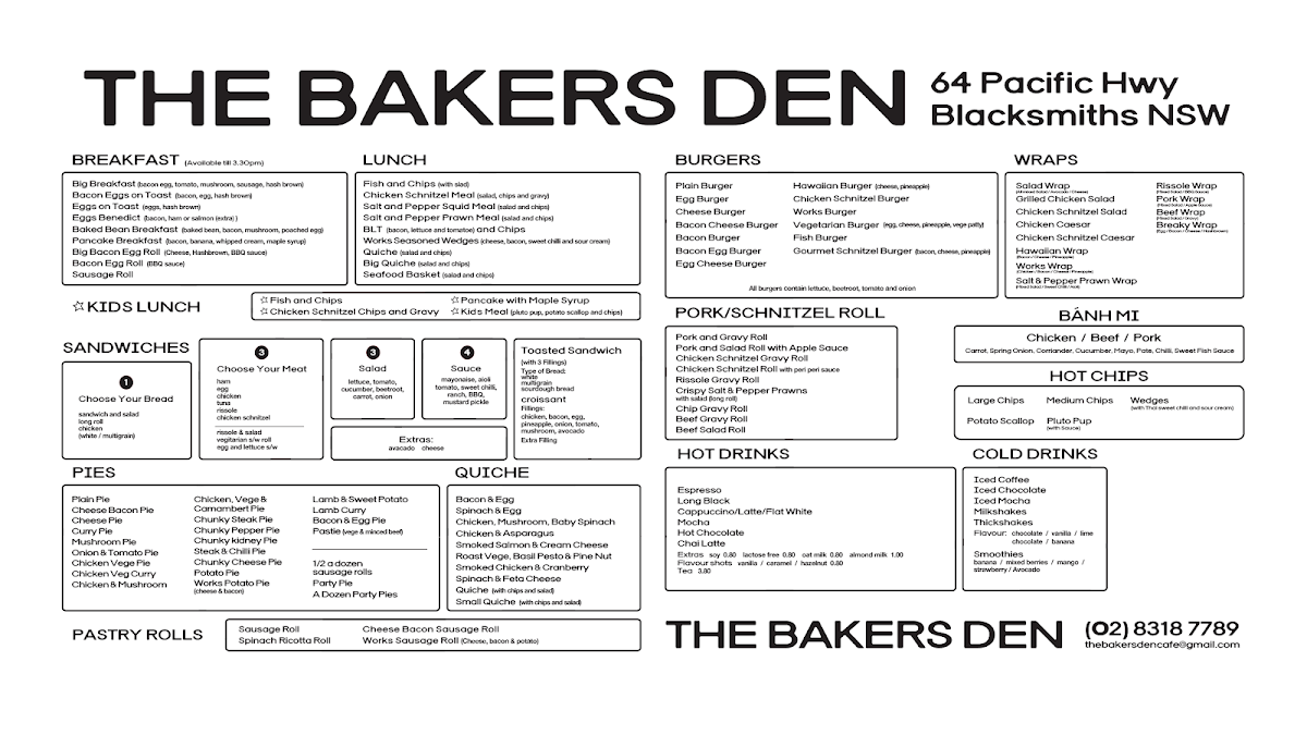 Menu, The Baker's Den Bakery Cafe