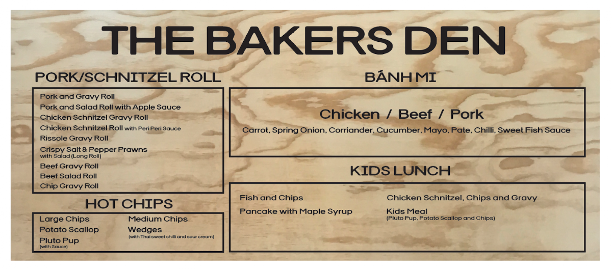 Menu, The Baker's Den Bakery Cafe