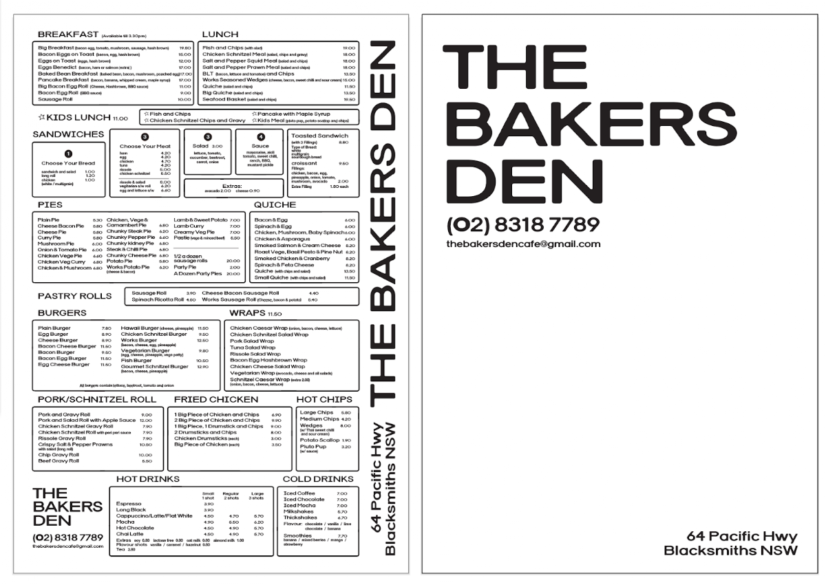 Menu, The Baker's Den Bakery Cafe