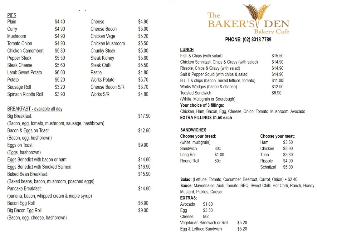 Menu, The Baker's Den Bakery Cafe