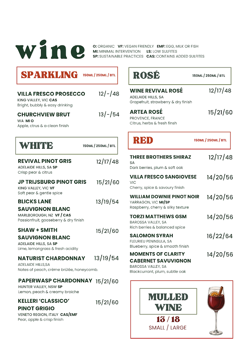 Menu, Clover Neighbourhood Bar