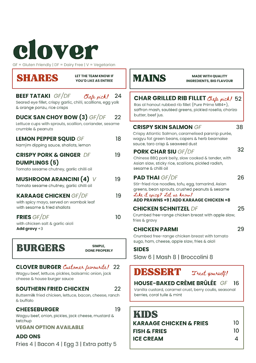 Menu, Clover Neighbourhood Bar