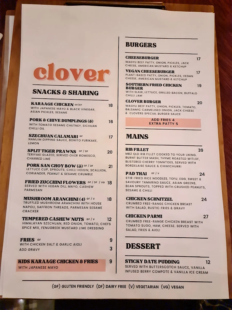 Menu, Clover Neighbourhood Bar