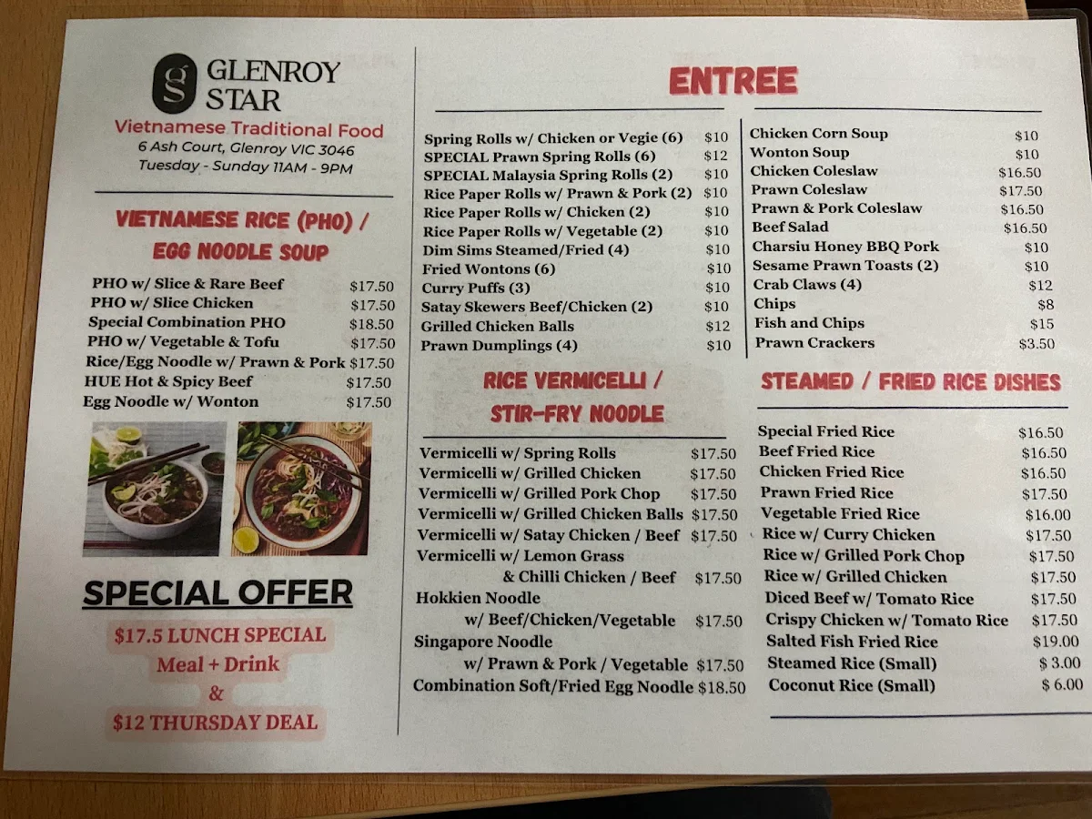 Menu, Glenroy Star Restaurant