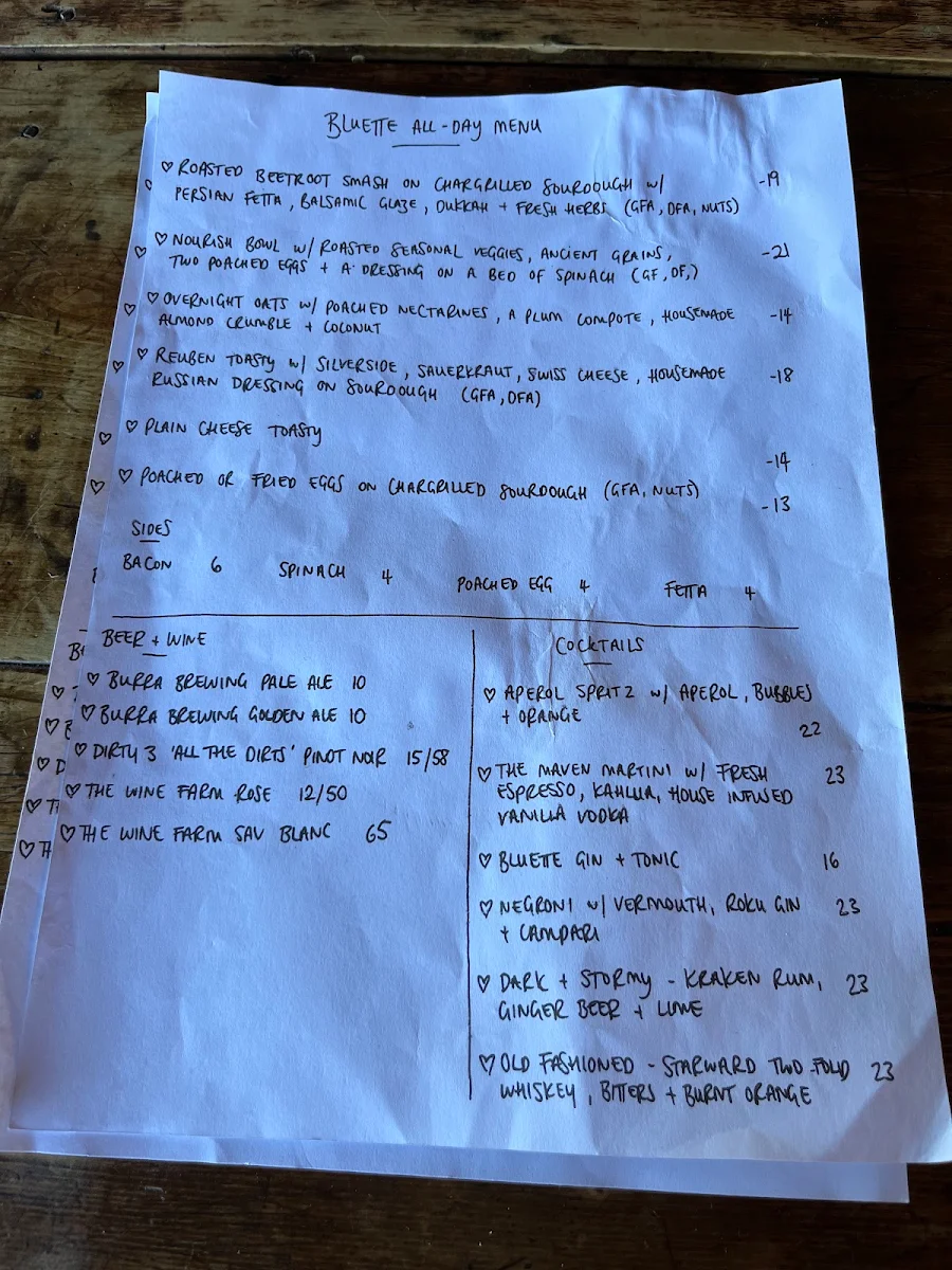 Menu, Bluette