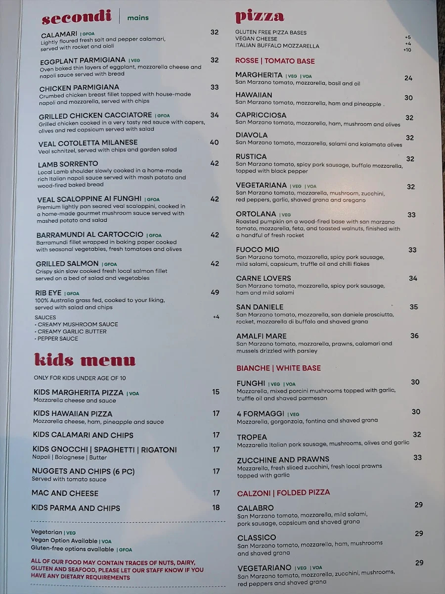 Menu, Zero cucina Italiana