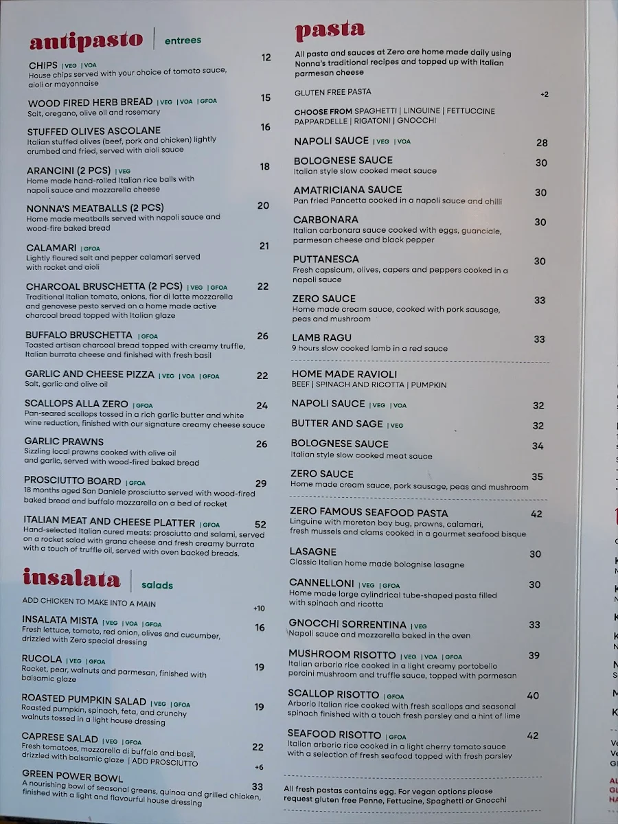 Menu, Zero cucina Italiana
