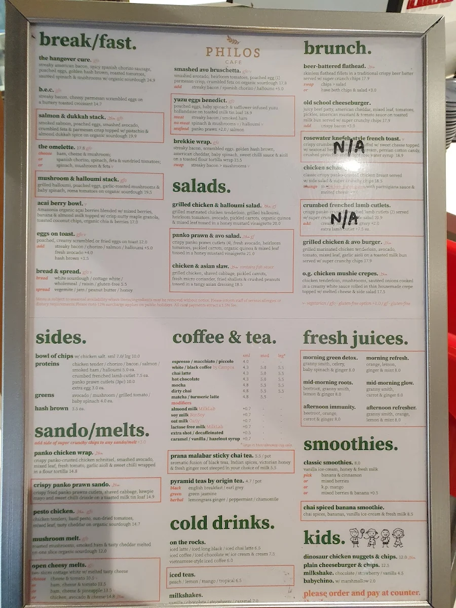Menu, Philos Cafe