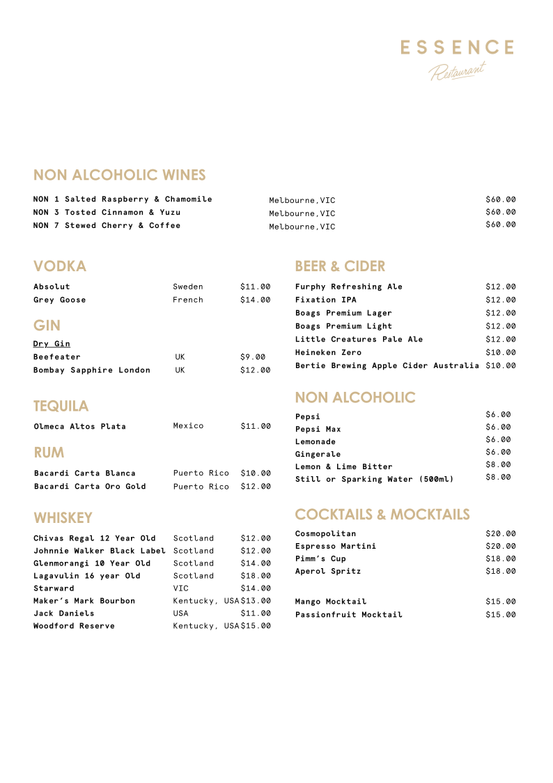 Menu, Essence Restaurant