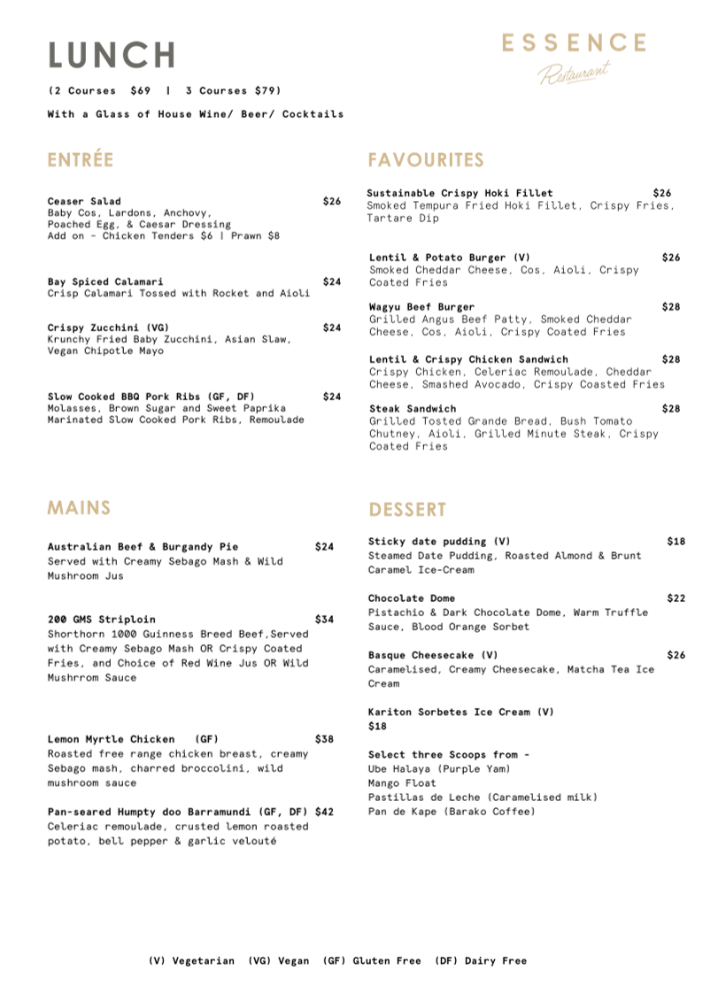 Menu, Essence Restaurant