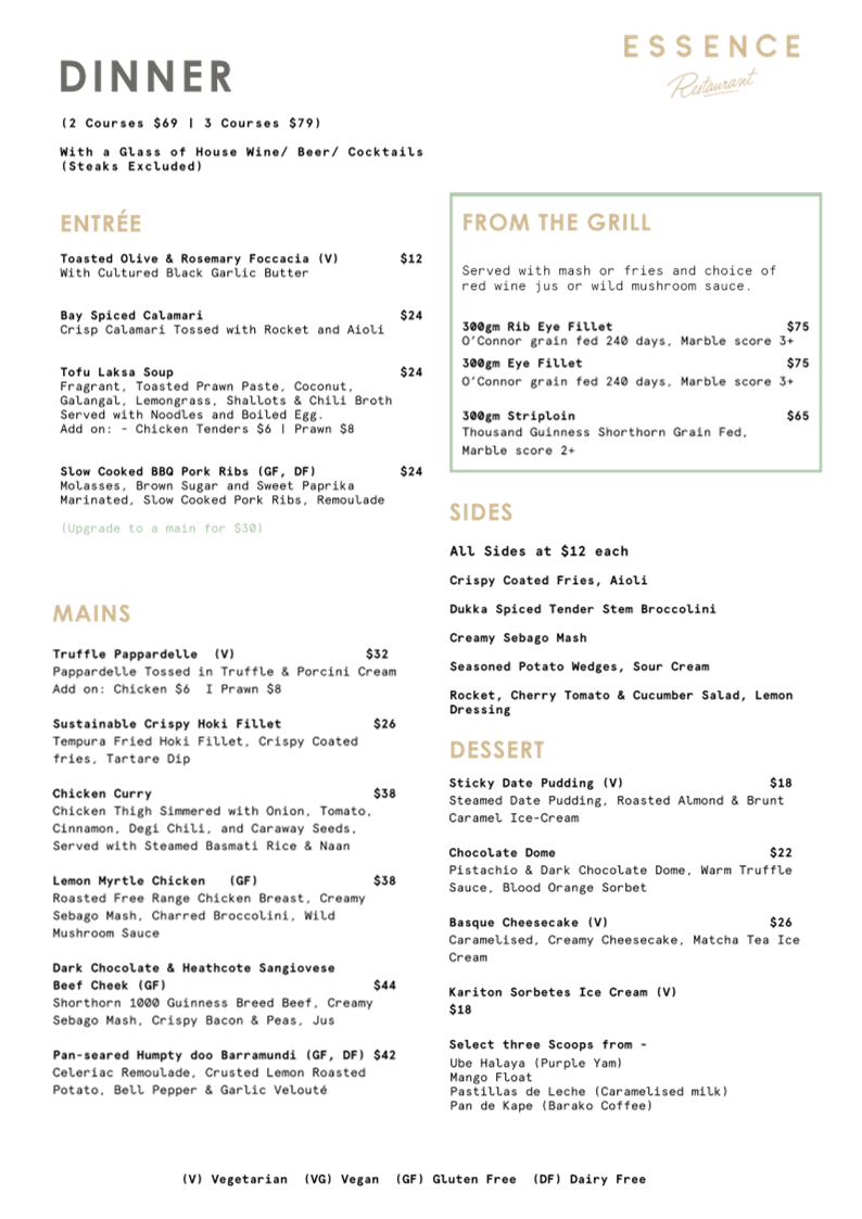 Menu, Essence Restaurant