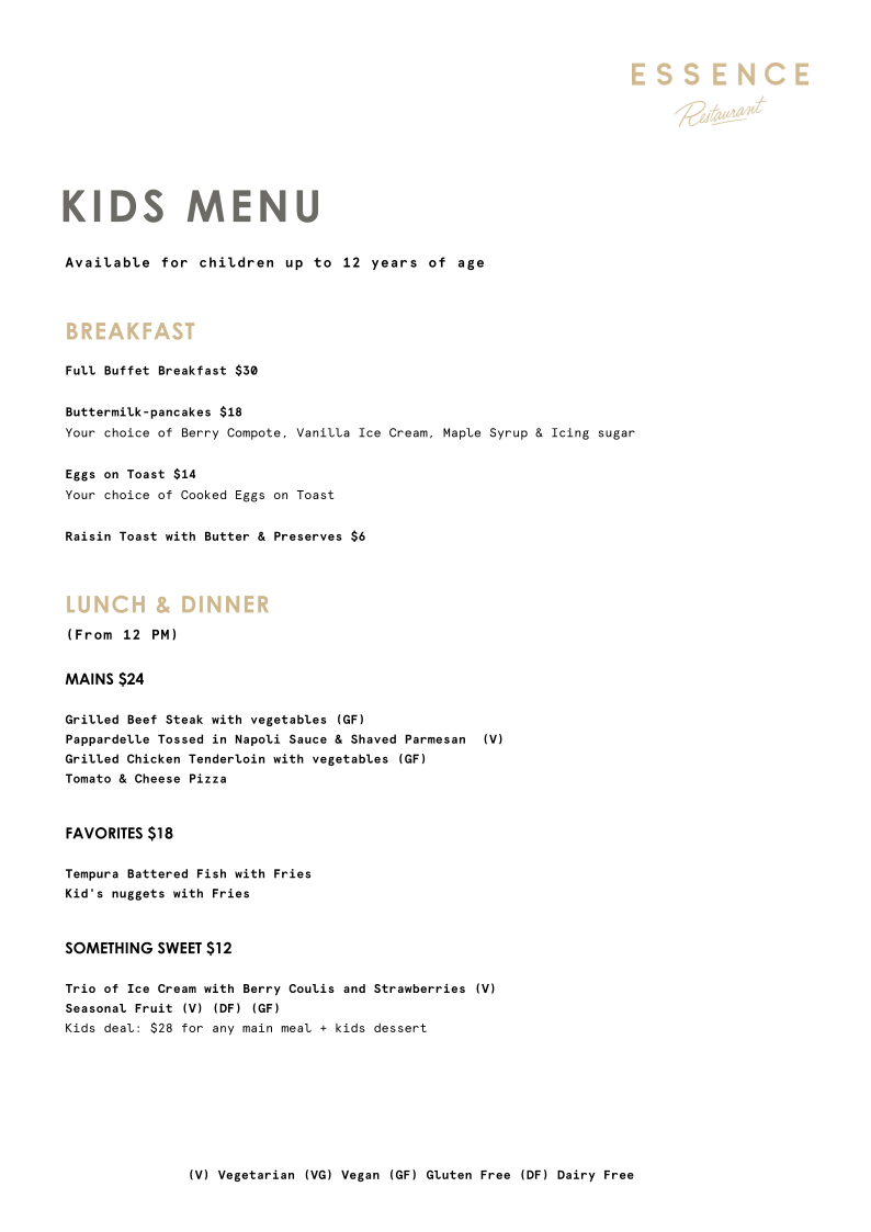 Menu, Essence Restaurant