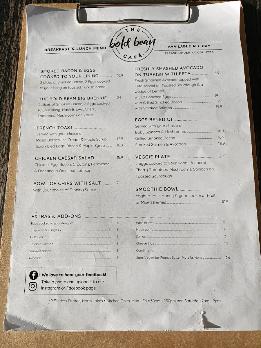 Menu, The Bold Bean Cafe