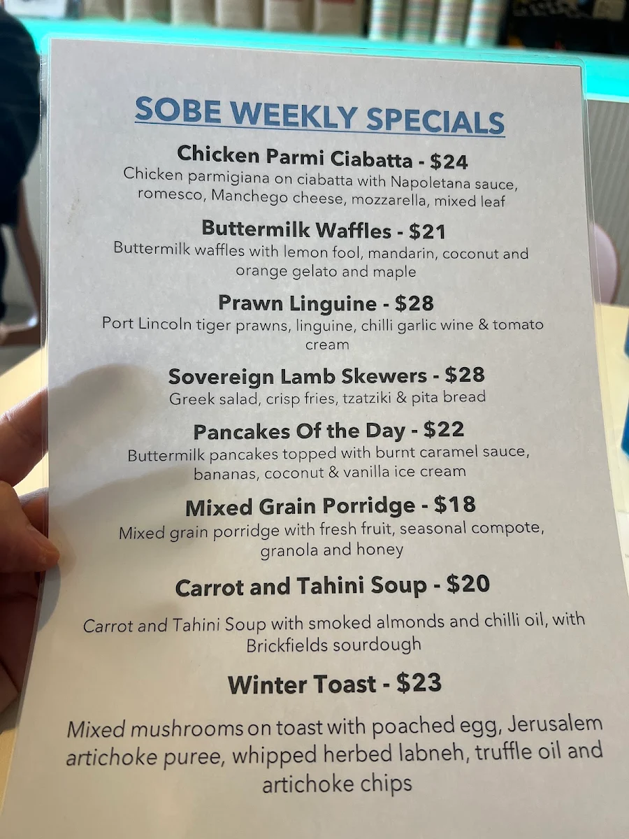 Menu, SoBe Cafe