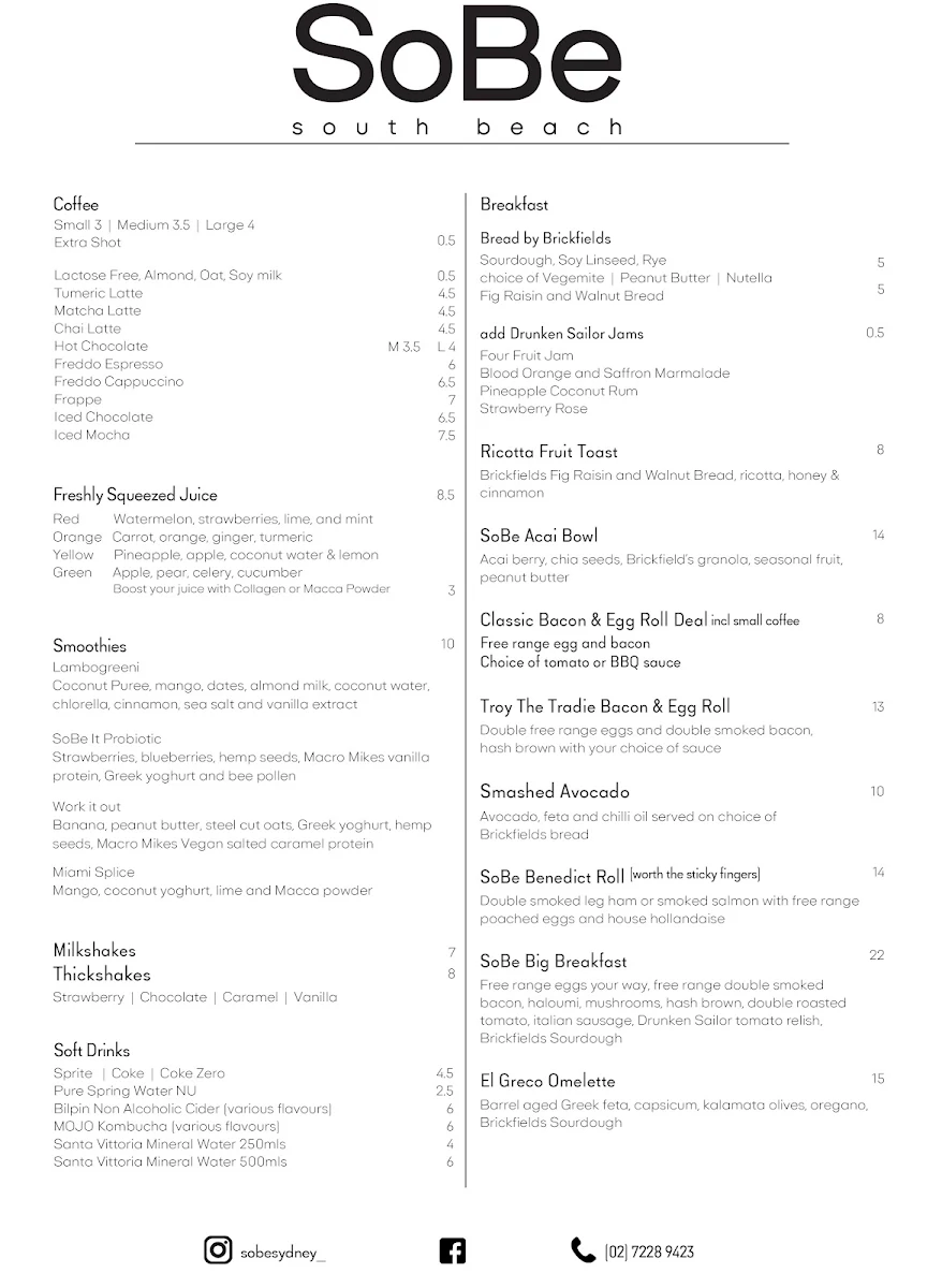 Menu, SoBe Cafe
