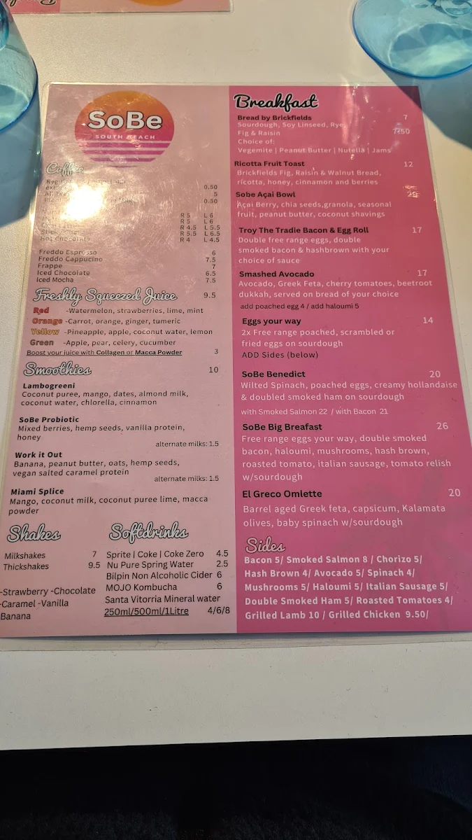 Menu, SoBe Cafe