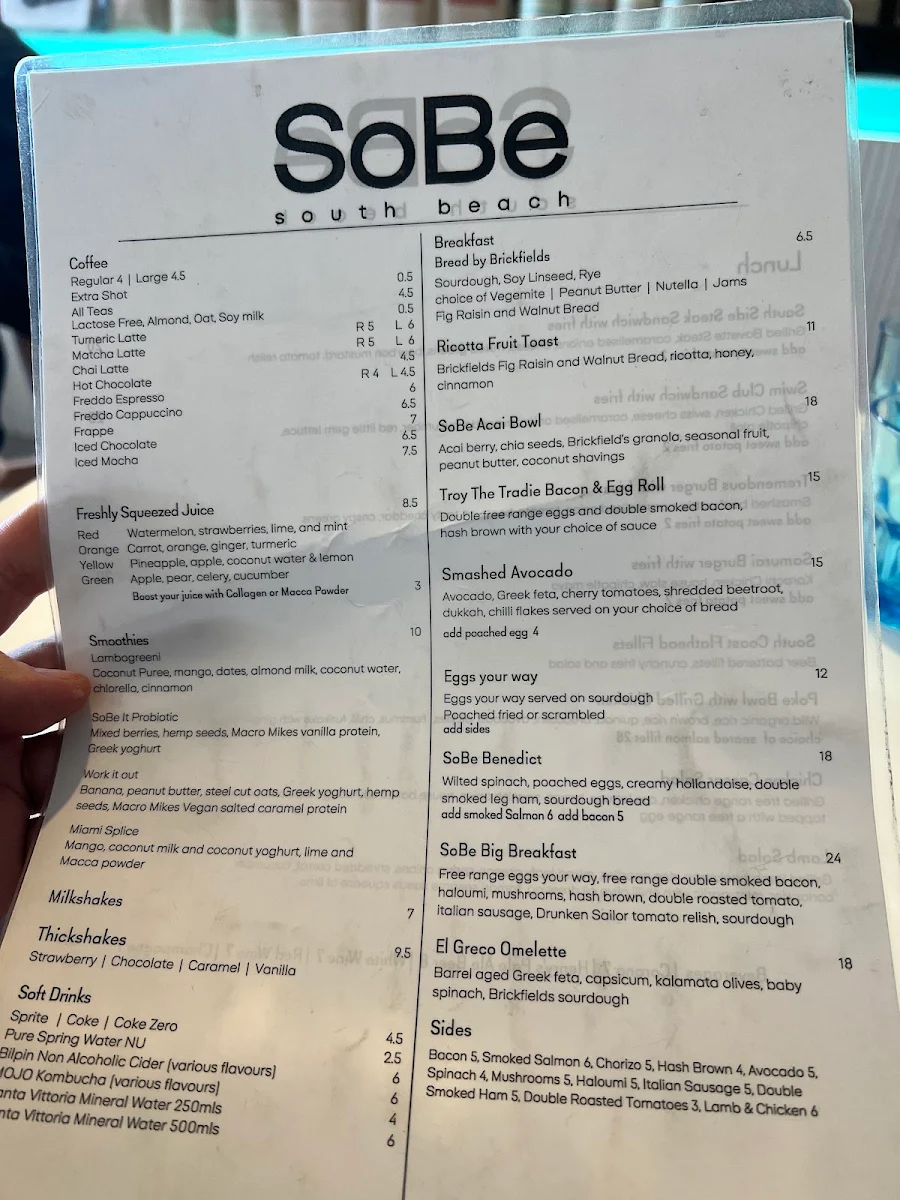 Menu, SoBe Cafe