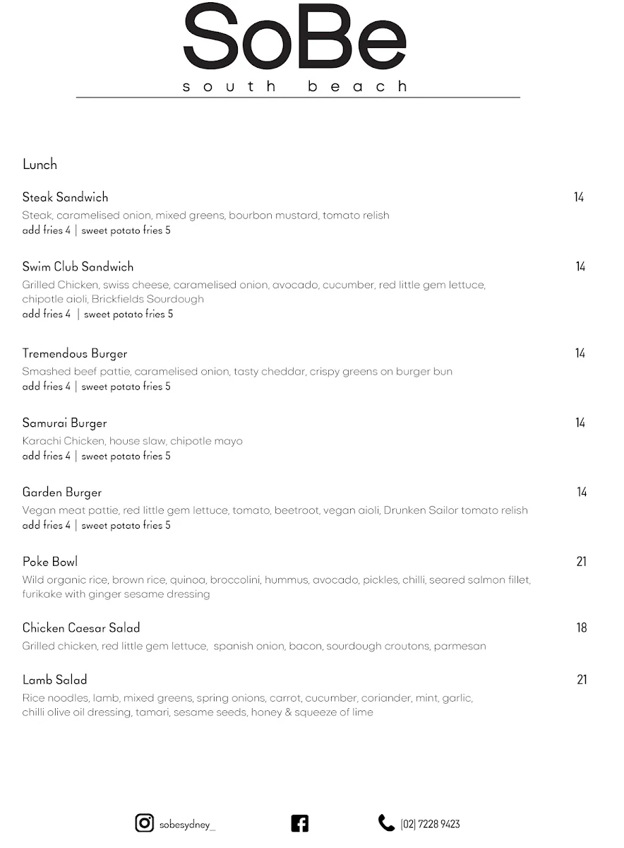 Menu, SoBe Cafe