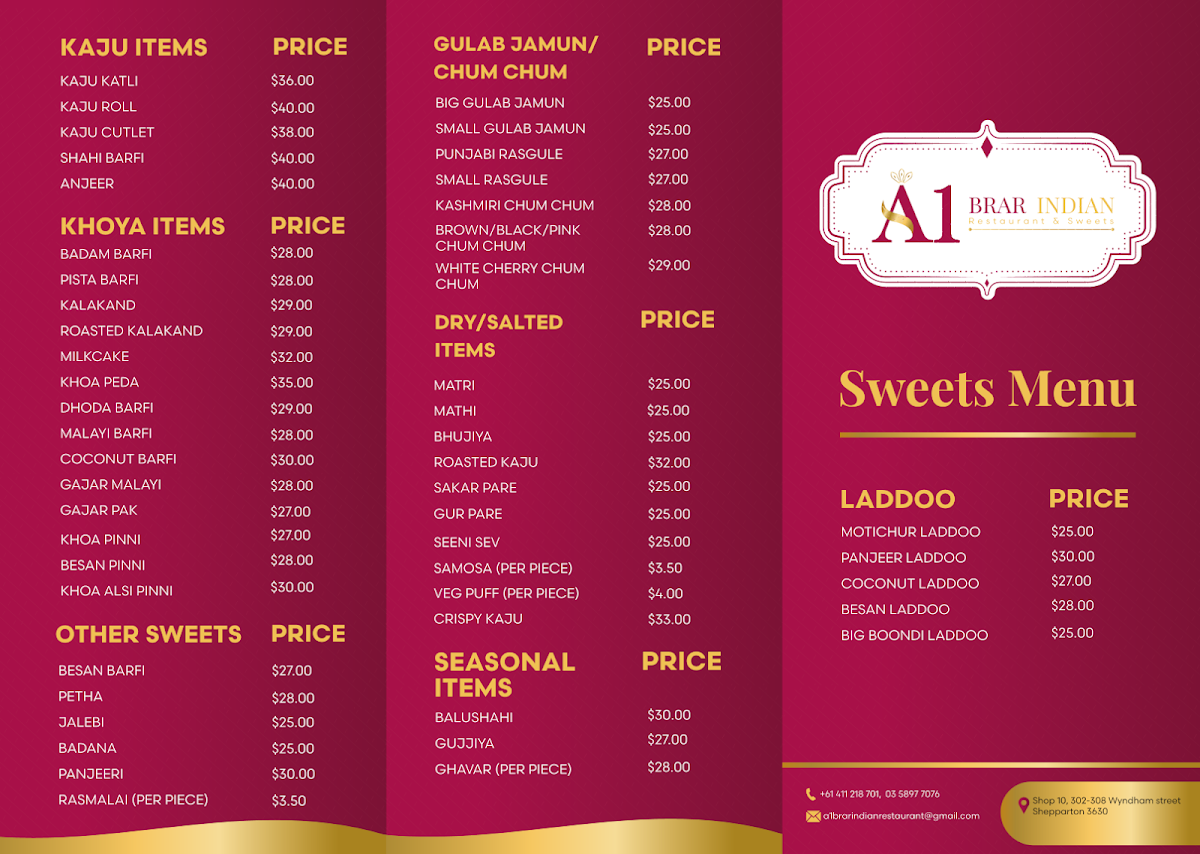 Menu, A1 Brar Indian Restaurant & Sweets