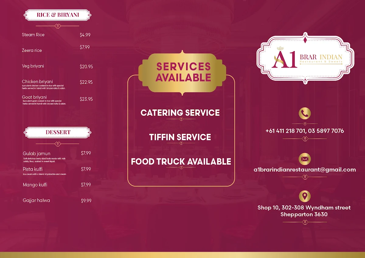 Menu, A1 Brar Indian Restaurant & Sweets