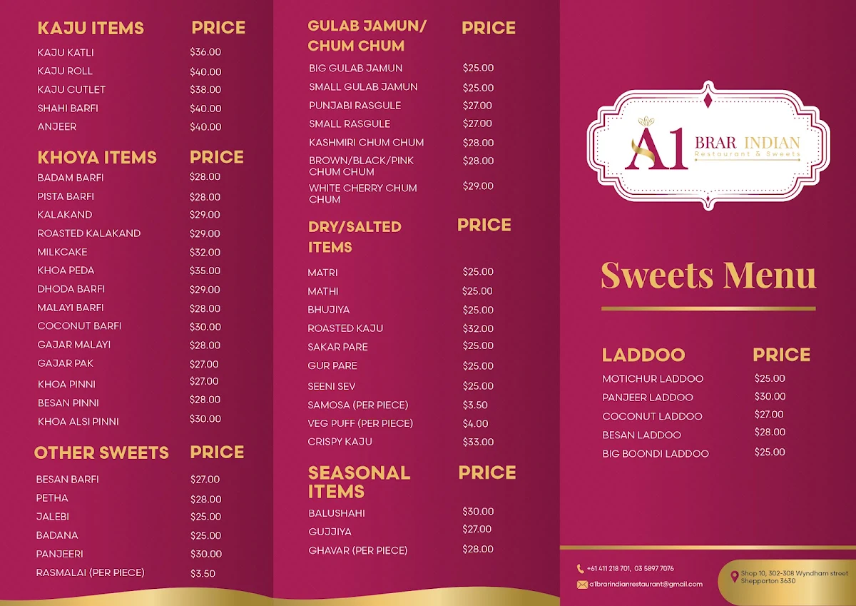 Menu, A1 Brar Indian Restaurant & Sweets