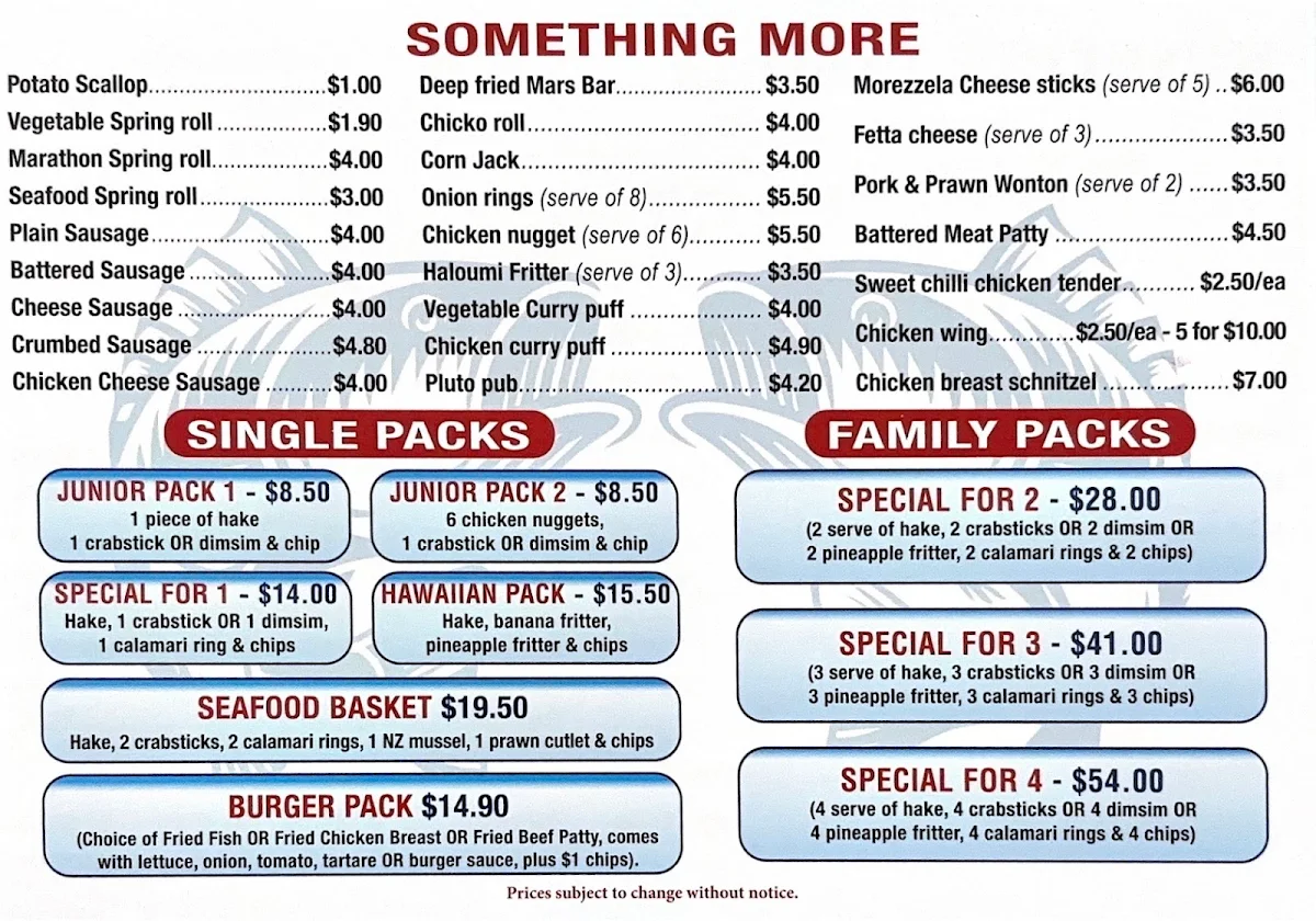 Menu, Kinross Fish & Chips