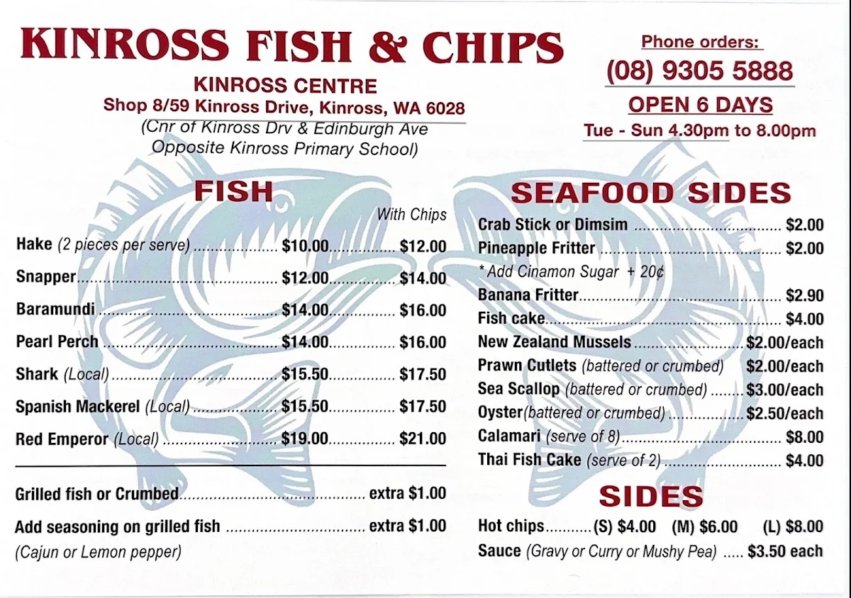 Menu, Kinross Fish & Chips