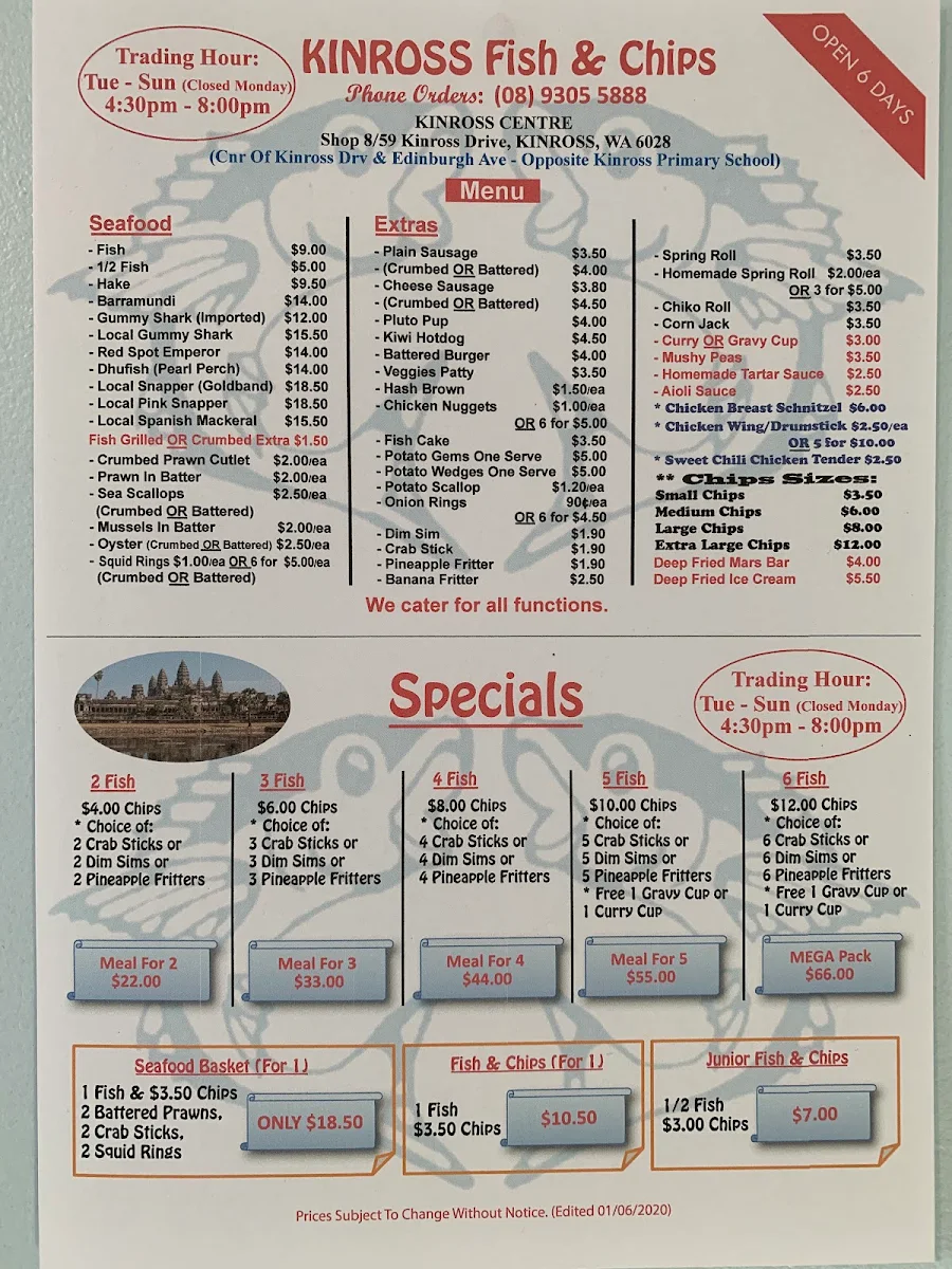 Menu, Kinross Fish & Chips