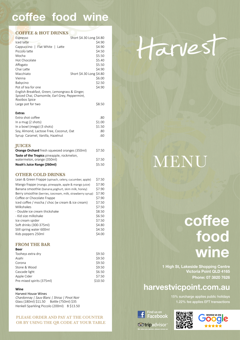 Menu, Harvest Cafe