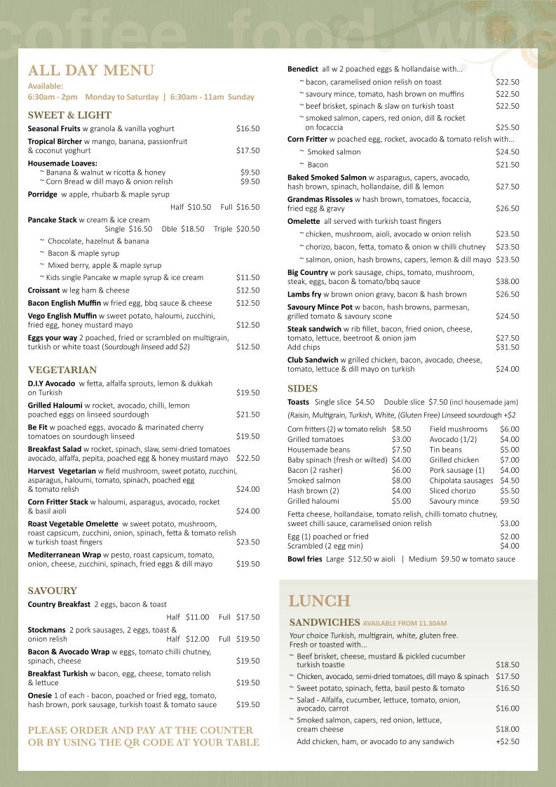 Menu, Harvest Cafe