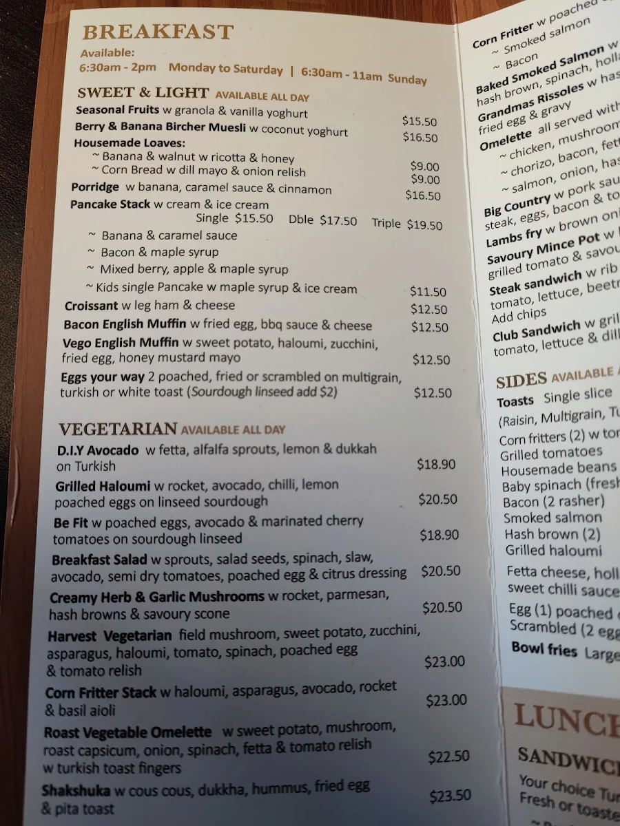 Menu, Harvest Cafe