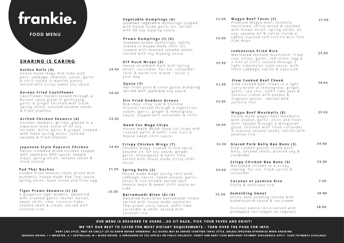 Menu, frankie. Bar & Eatery
