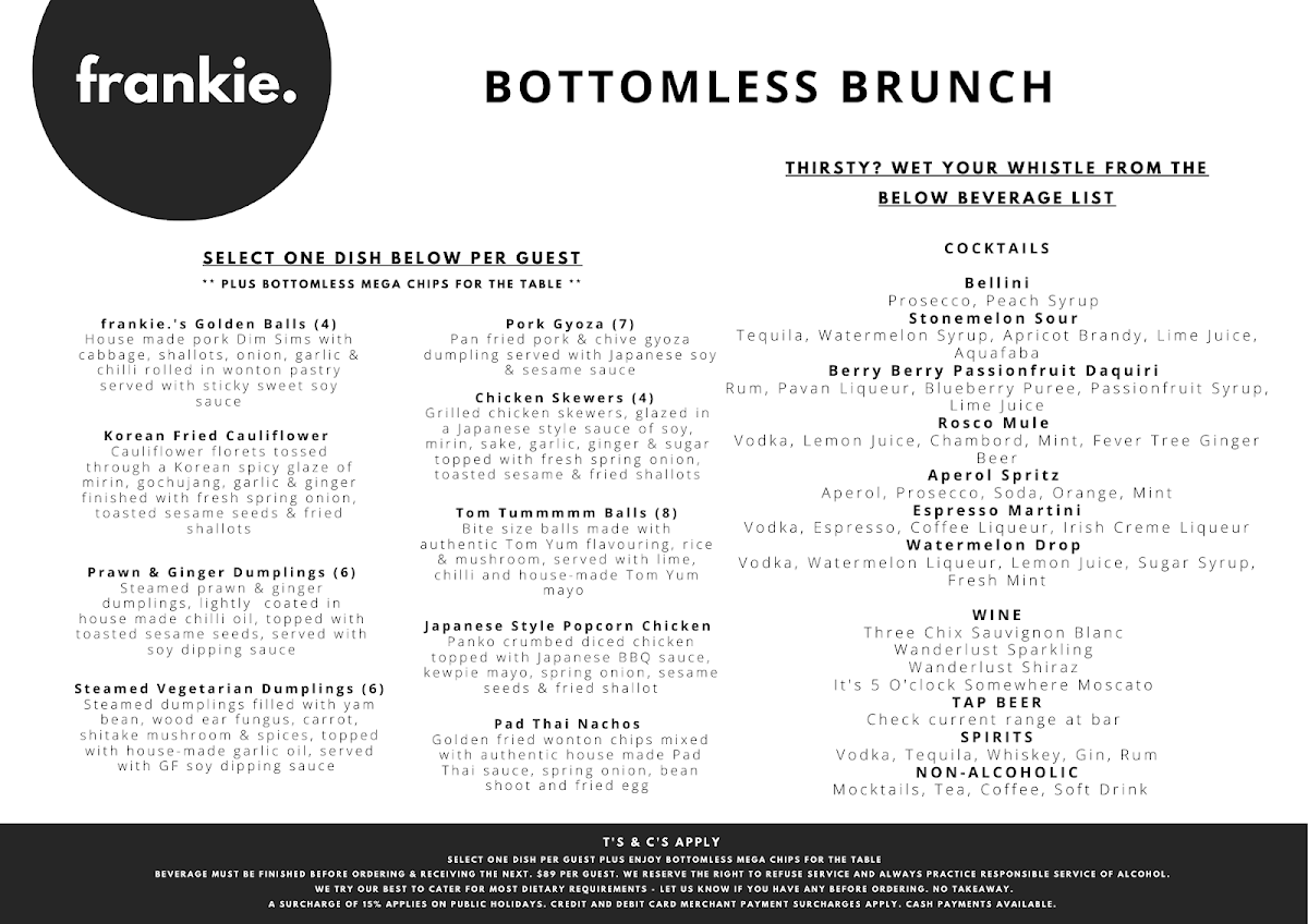 Menu, frankie. Bar & Eatery