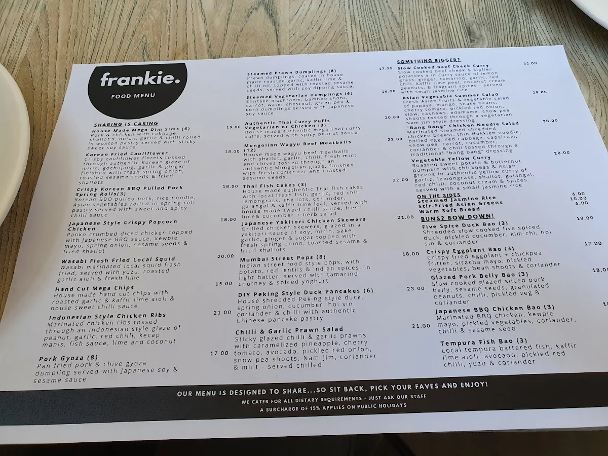 Menu, frankie. Bar & Eatery