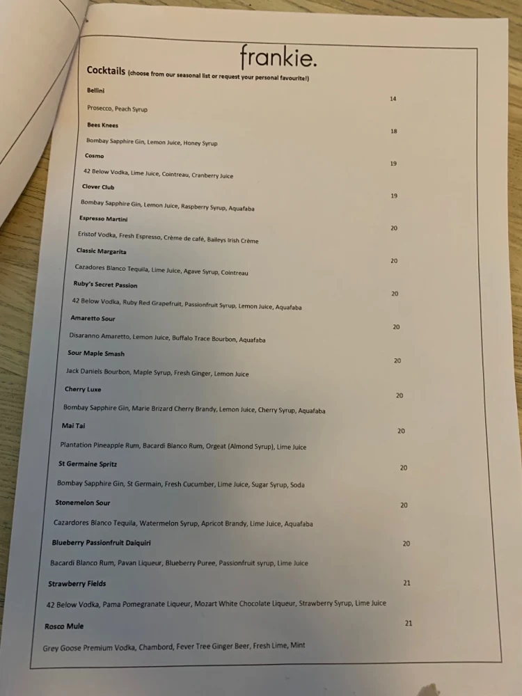 Menu, frankie. Bar & Eatery