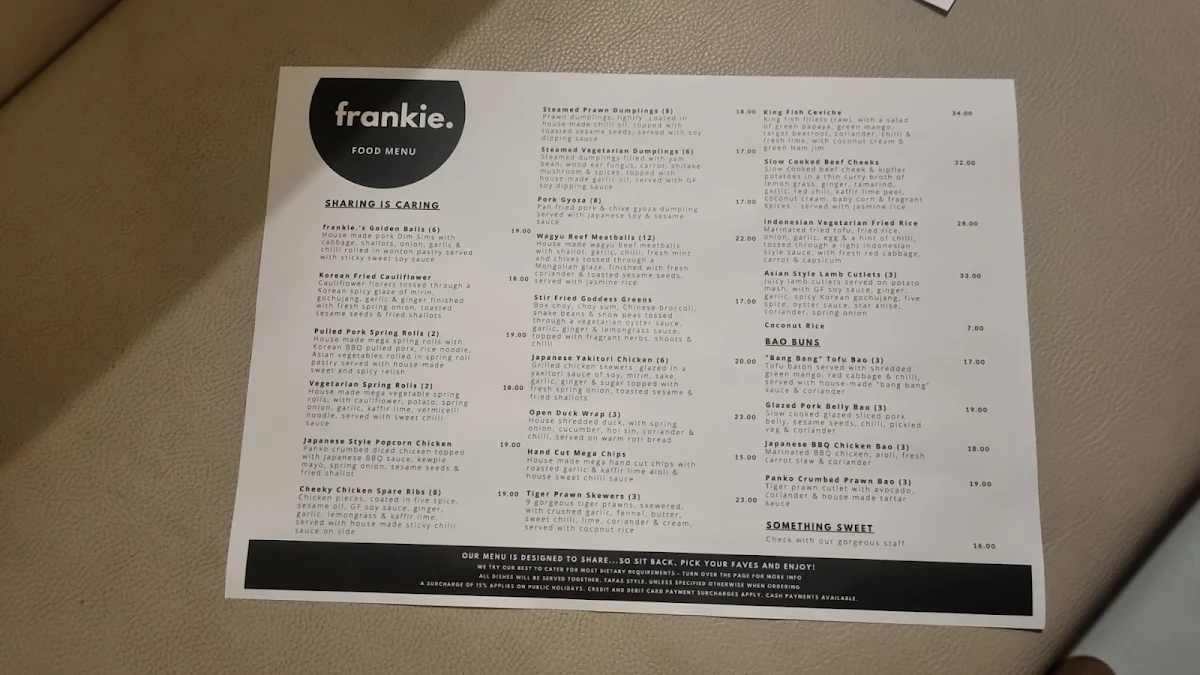 Menu, frankie. Bar & Eatery