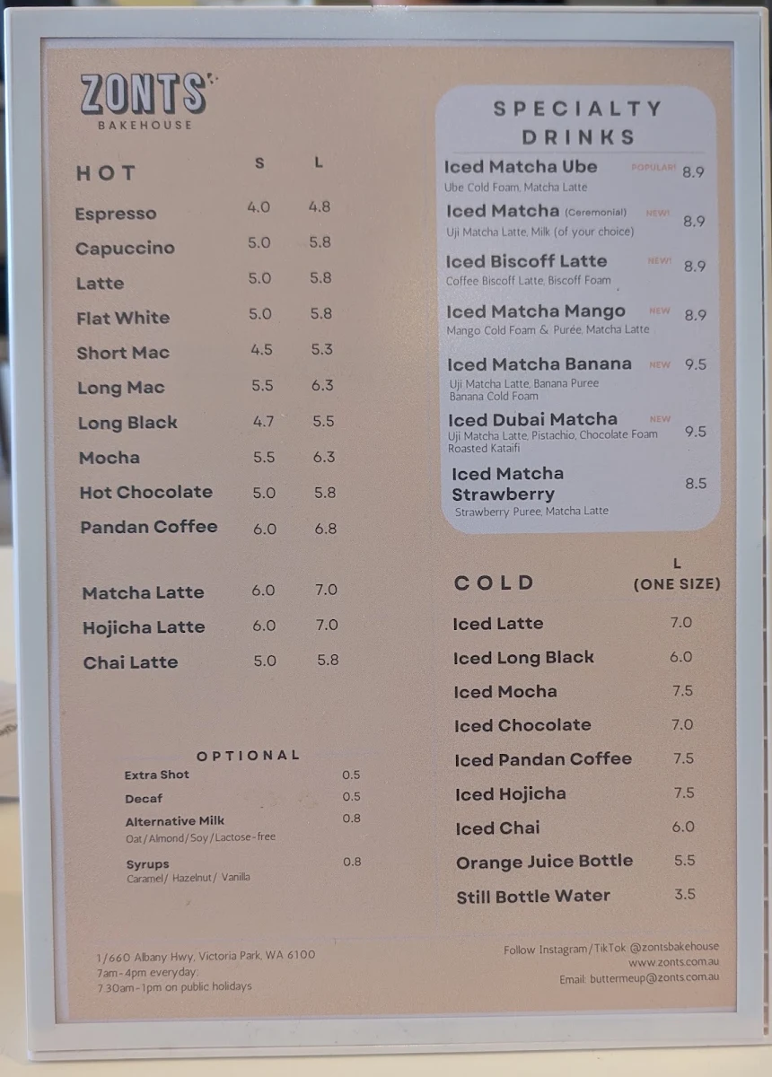 Menu, Zonts Bakehouse Victoria Park