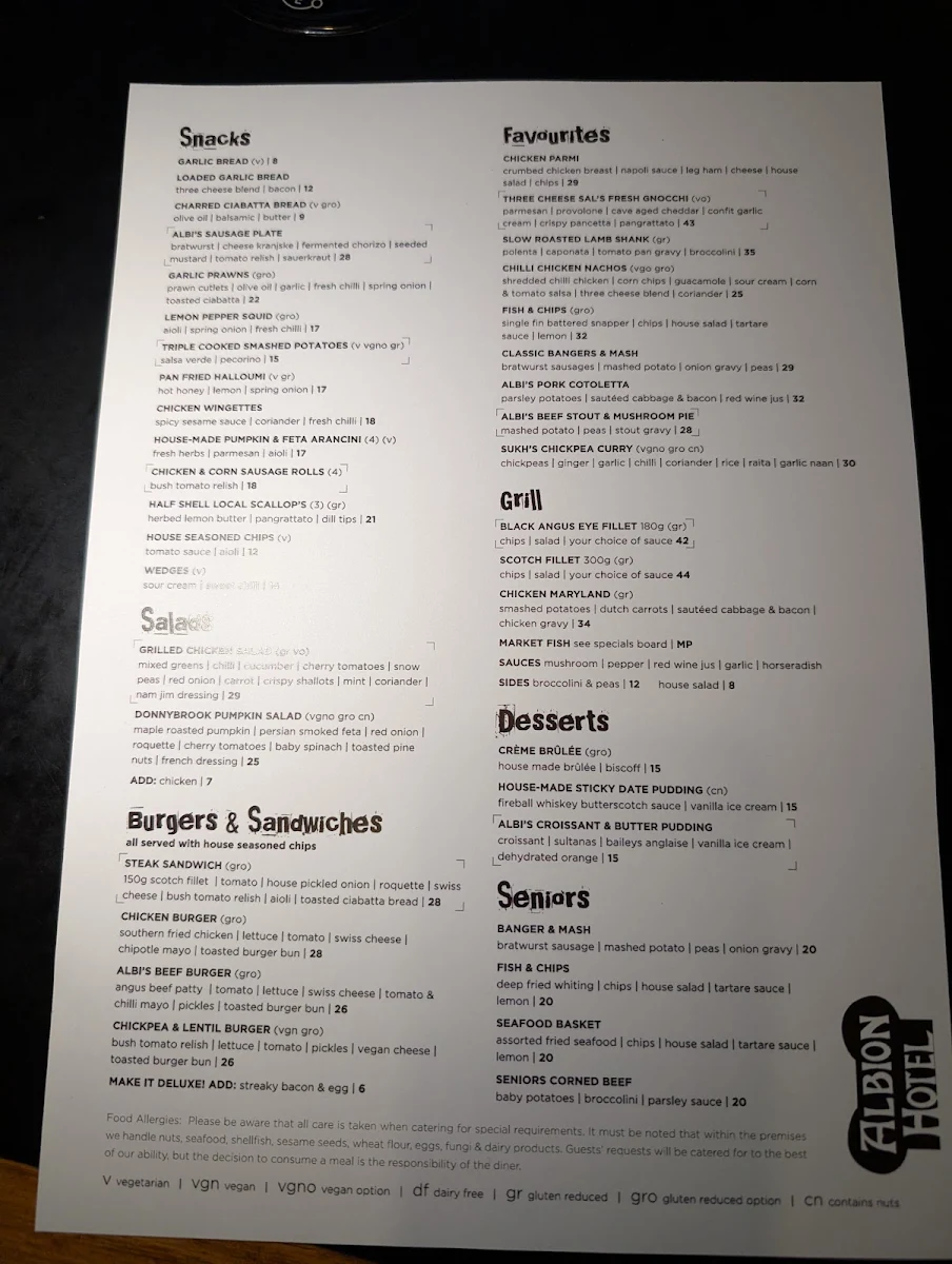Menu, Albion Hotel