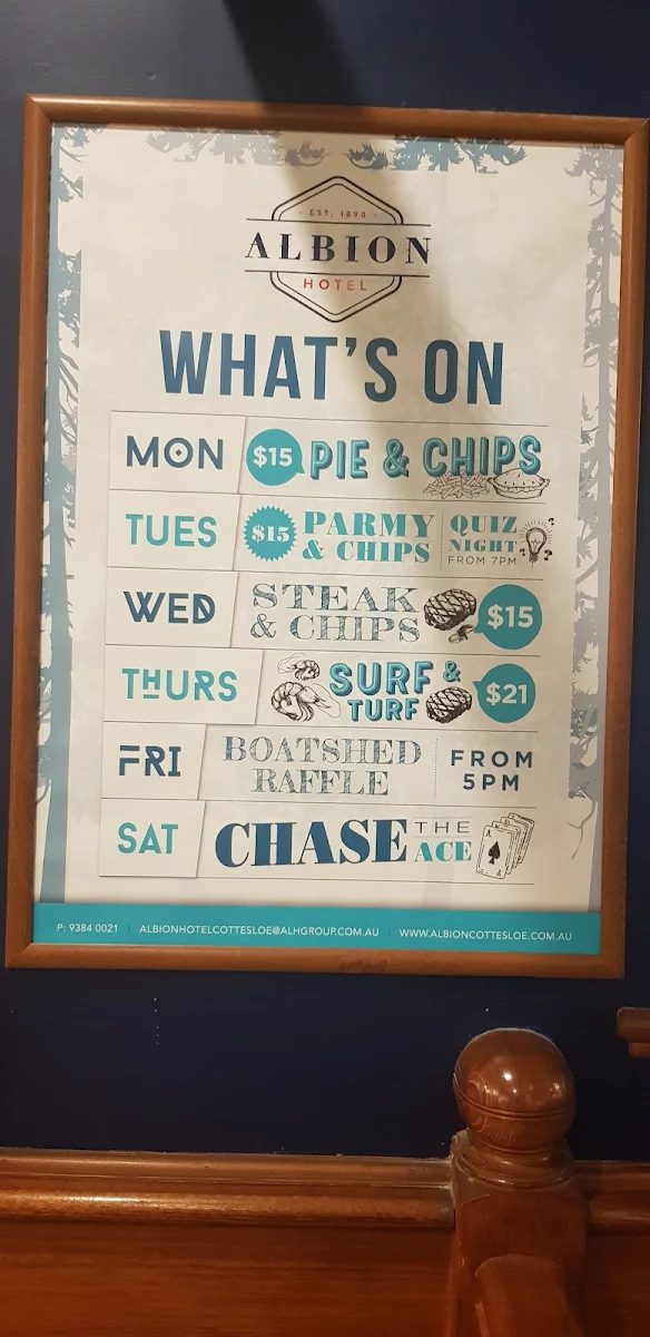 Menu, Albion Hotel