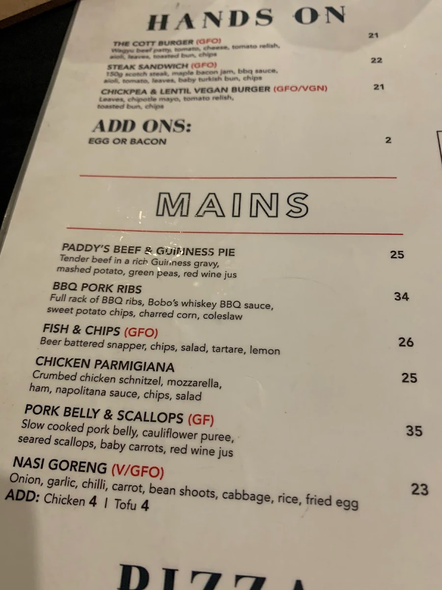 Menu, Albion Hotel