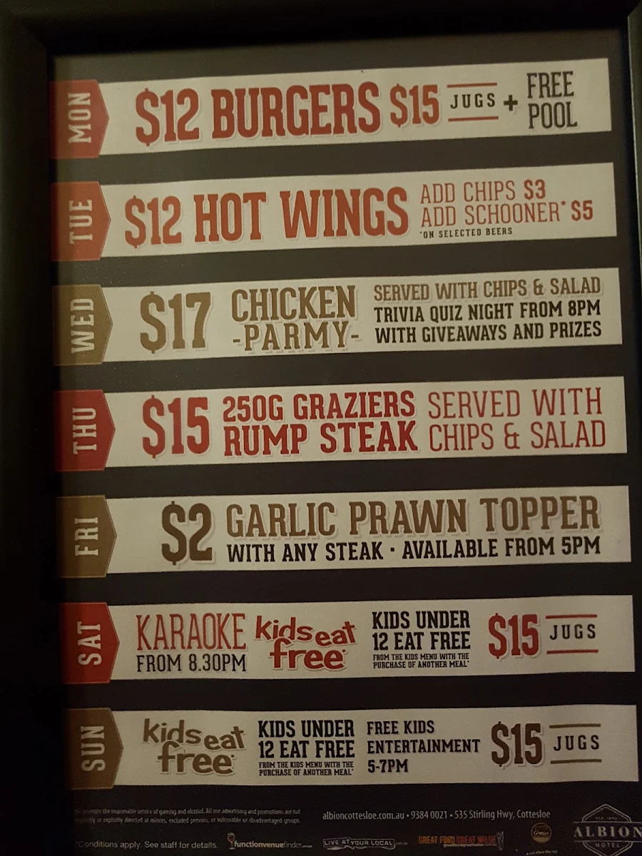 Menu, Albion Hotel