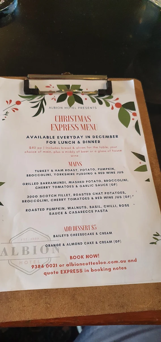 Menu, Albion Hotel