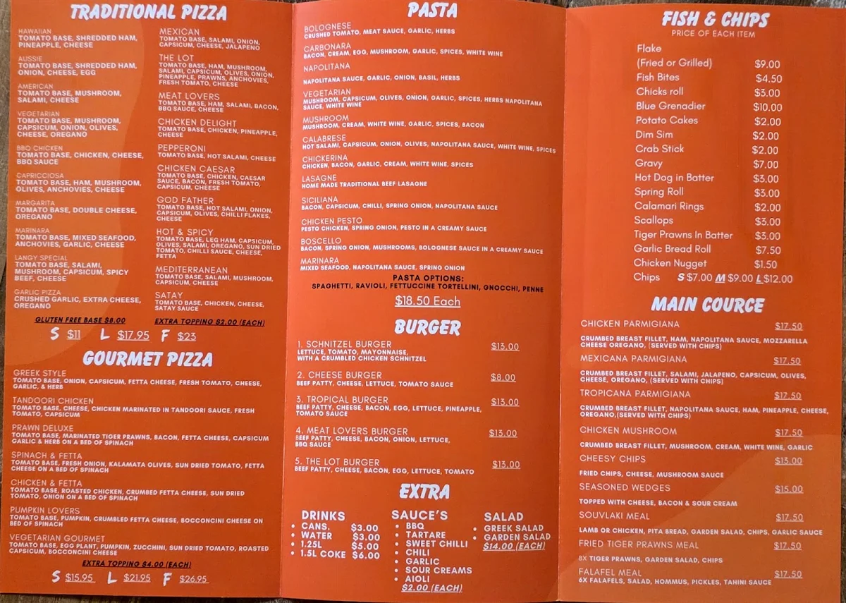 Menu, Big Chief Pizza Cafe & Fish & Chips