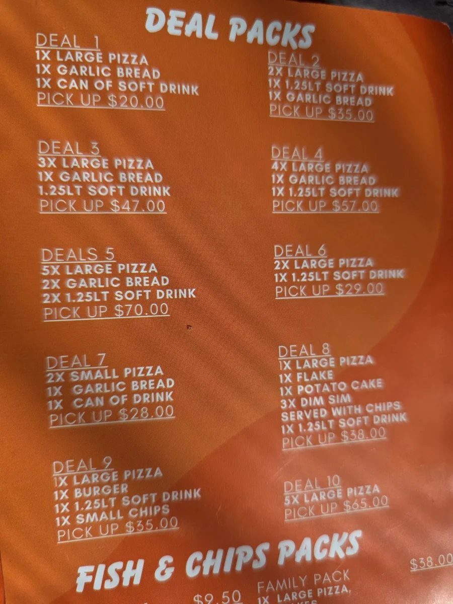 Menu, Big Chief Pizza Cafe & Fish & Chips