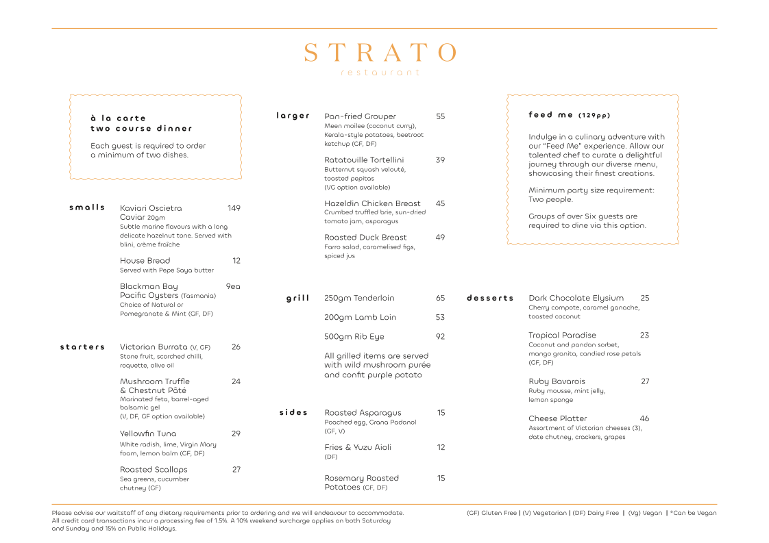 Menu, Strato Melbourne - Bar and Restaurant