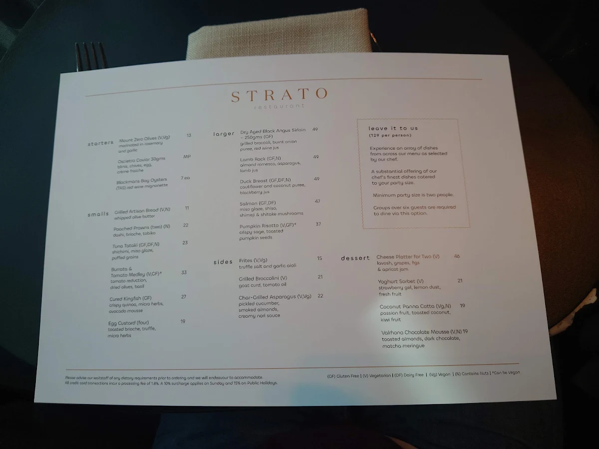 Menu, Strato Melbourne - Bar and Restaurant