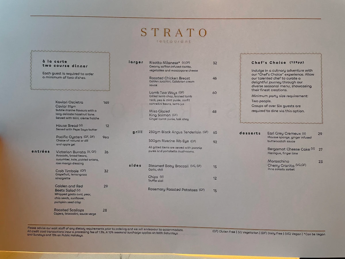 Menu, Strato Melbourne - Bar and Restaurant