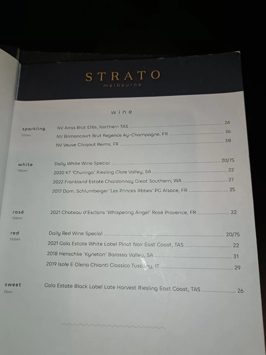 Menu, Strato Melbourne - Bar and Restaurant
