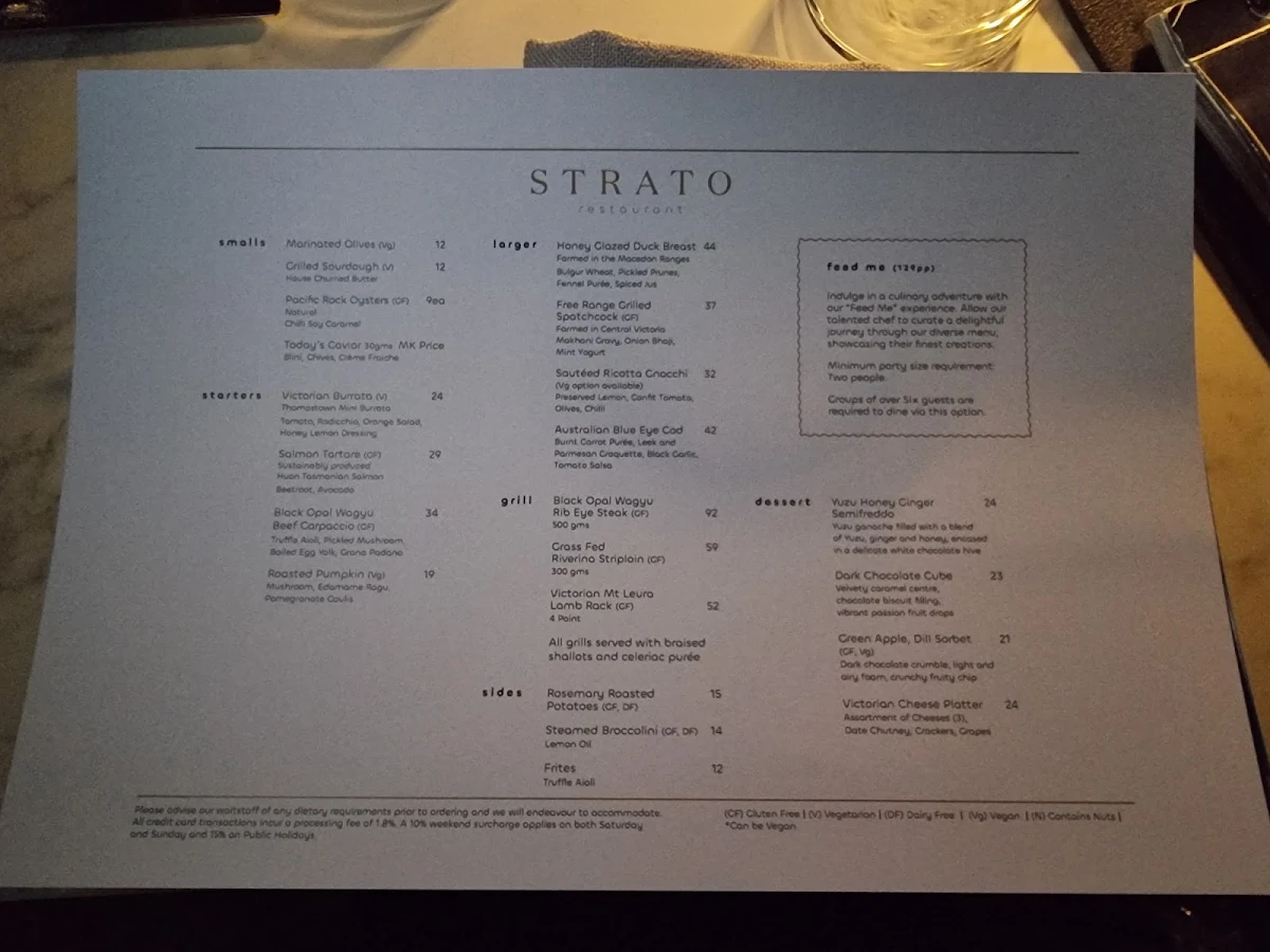 Menu, Strato Melbourne - Bar and Restaurant